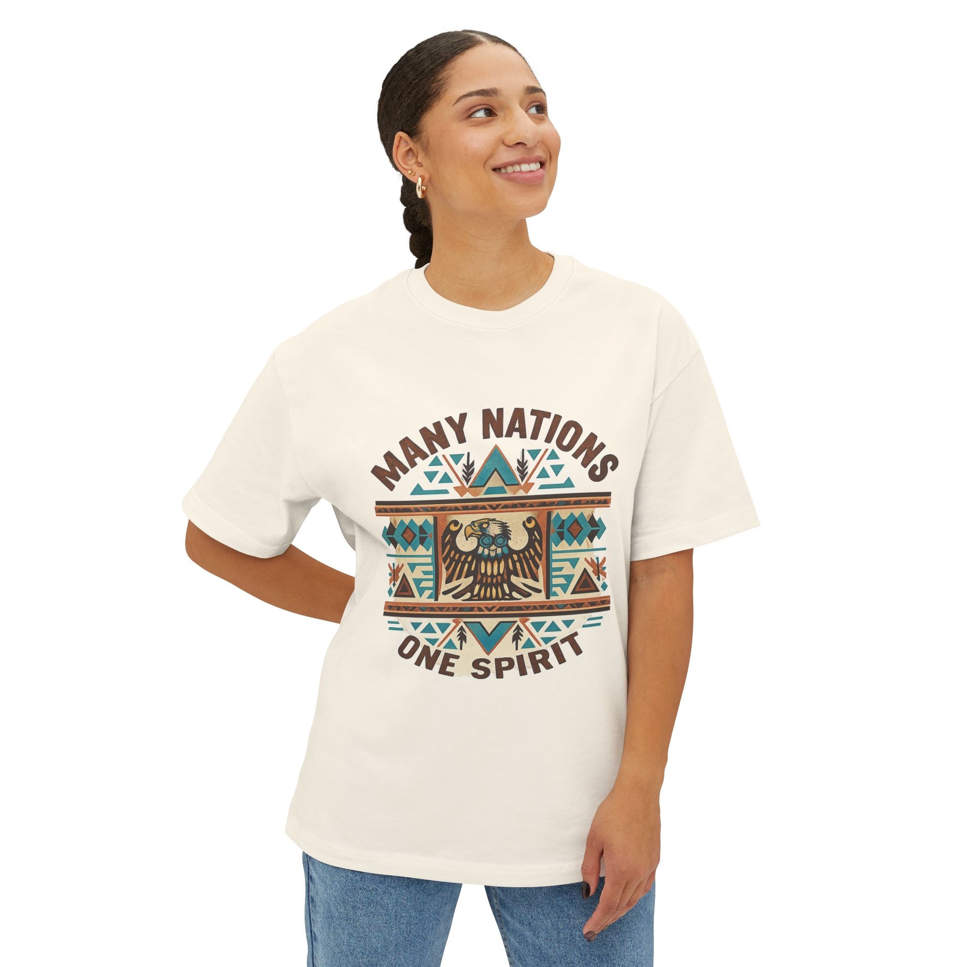 Model wearing a white t-shirt with 'Many Nations One Spirit' design on a white background