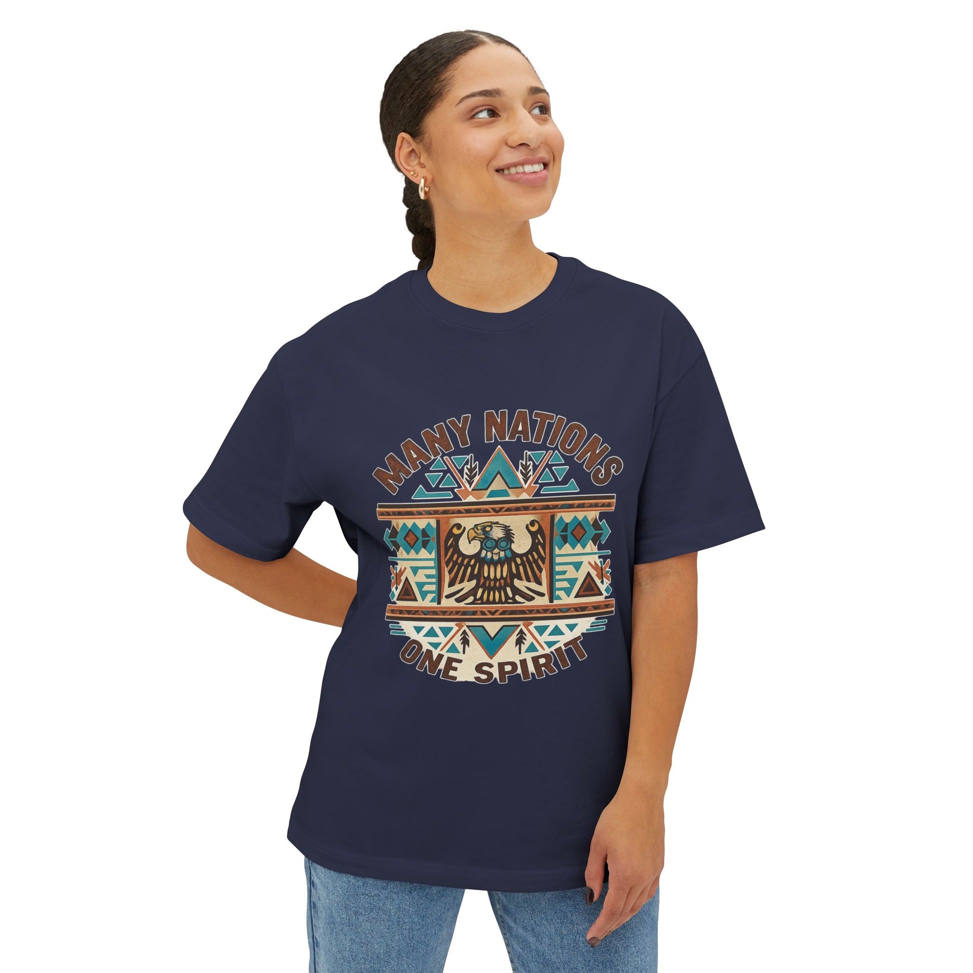 Model wearing a navy blue t-shirt with a graphic design and text on a white background