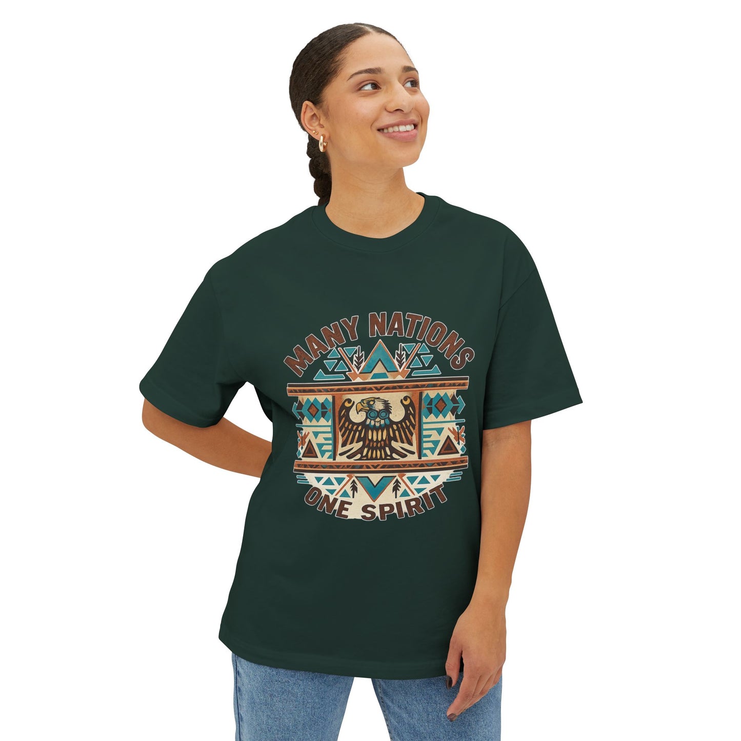 Model wearing a green t-shirt with a design and text on a white background