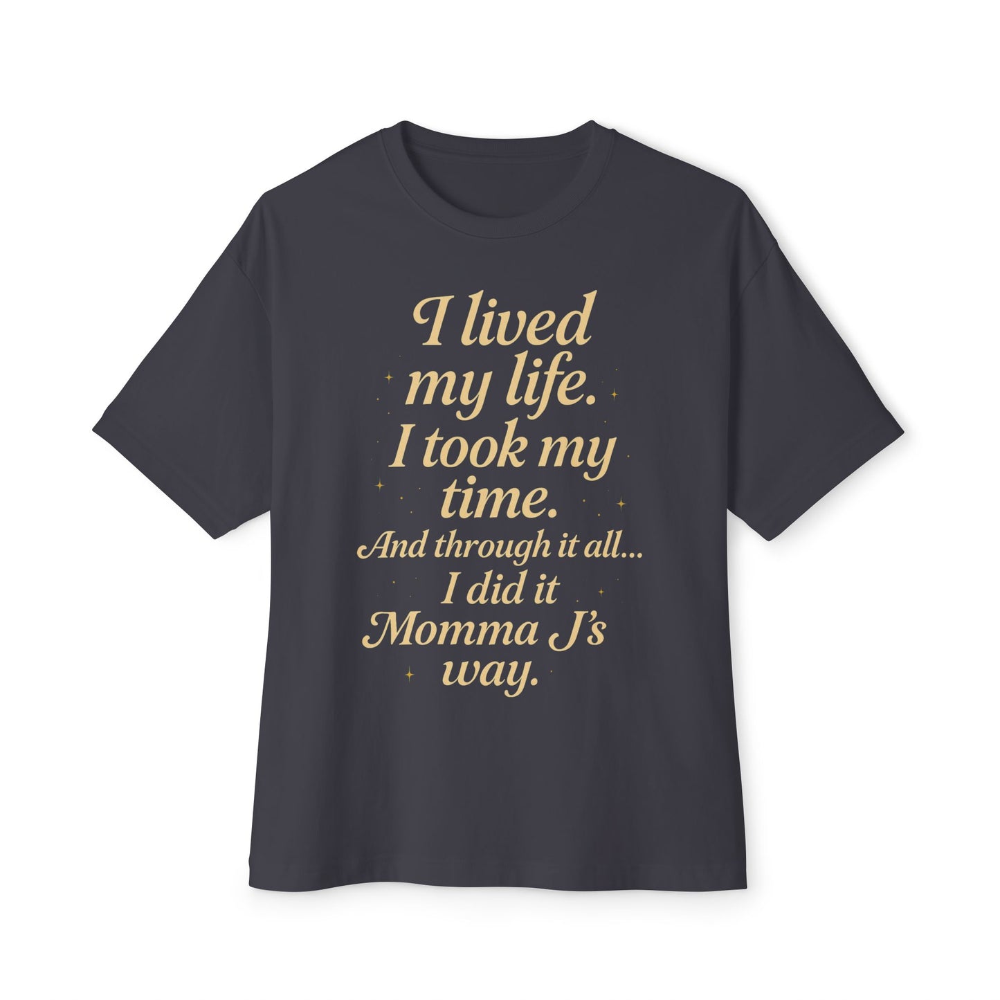Gray t-shirt with gold text on a white background