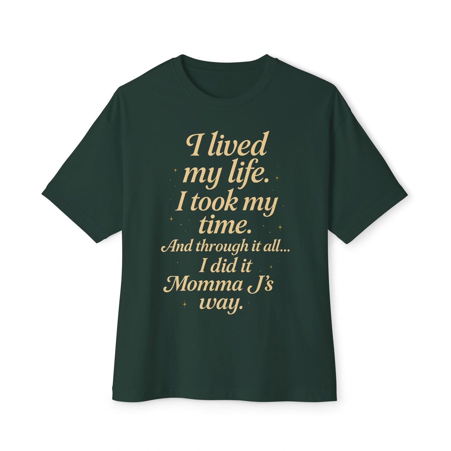 Green t-shirt with gold text on a white background