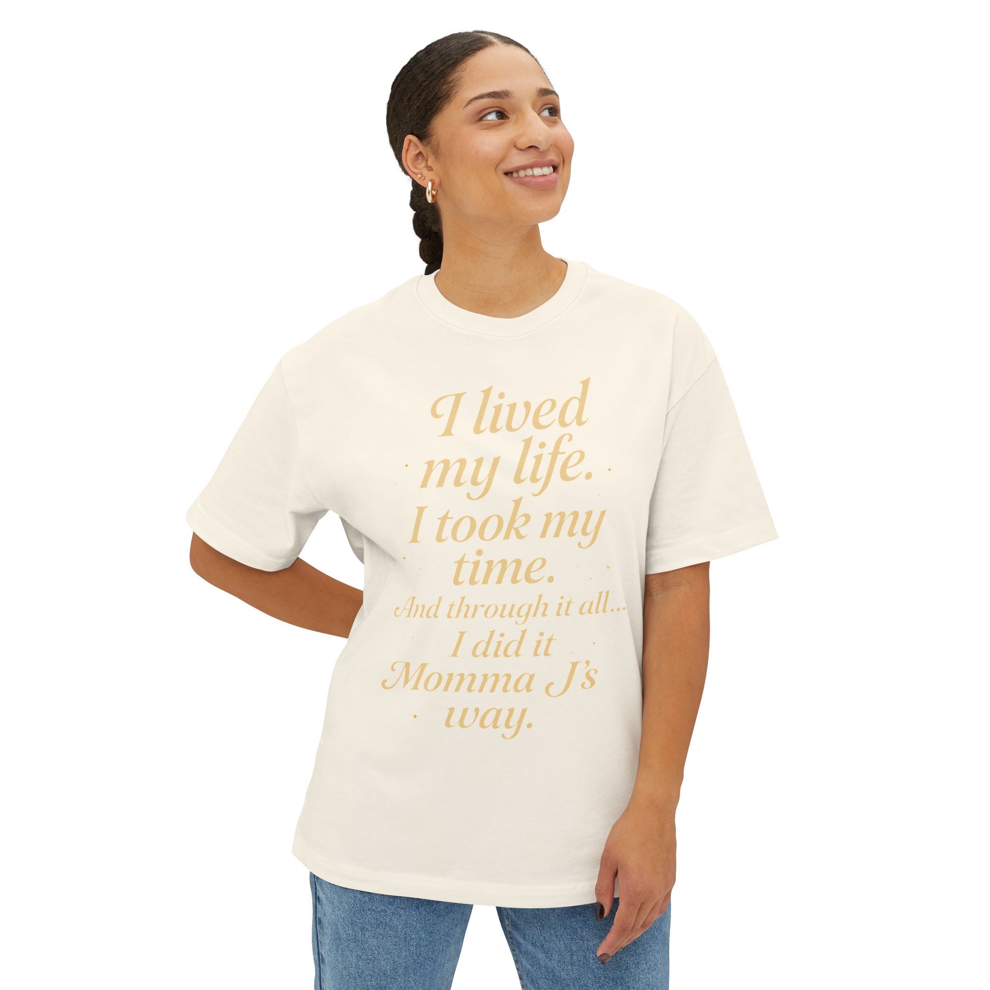 Woman wearing a white t-shirt with gold text on a white background