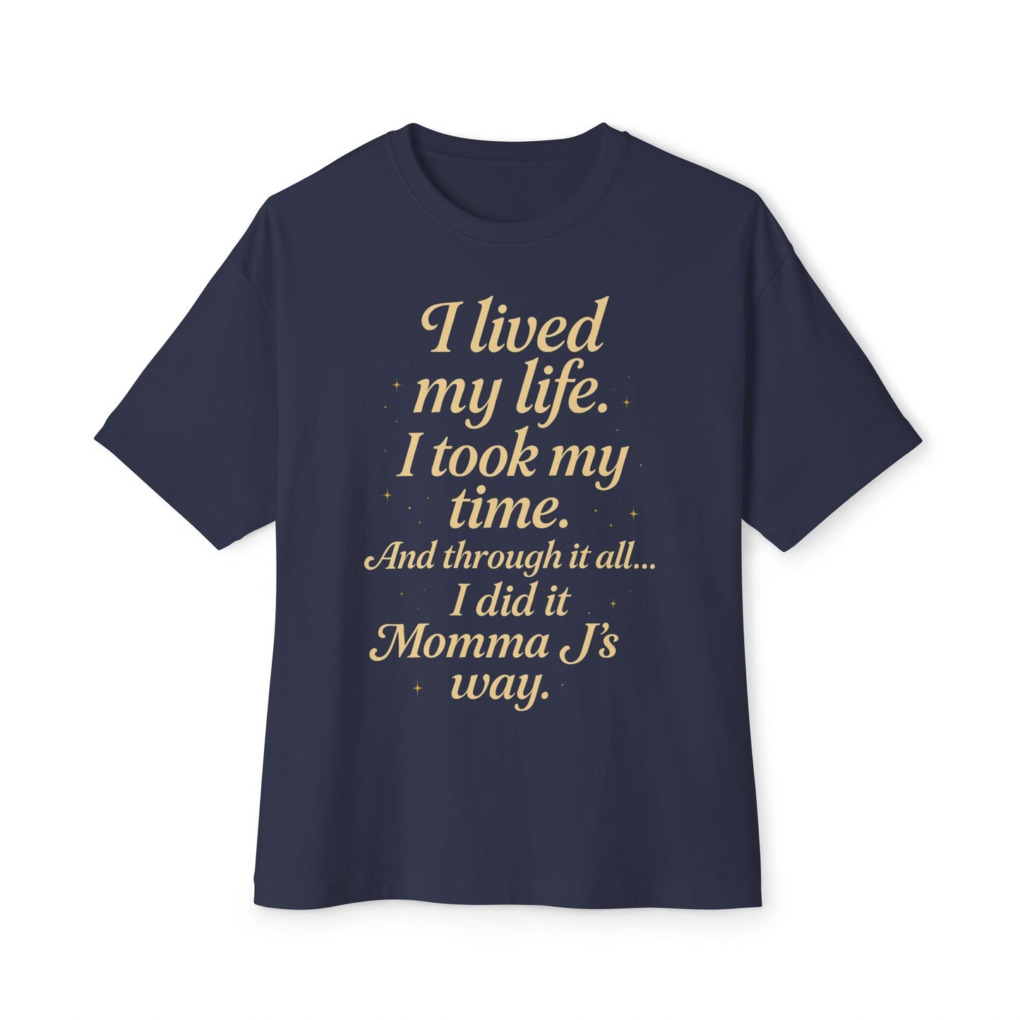 Navy blue t-shirt with yellow text on a white background