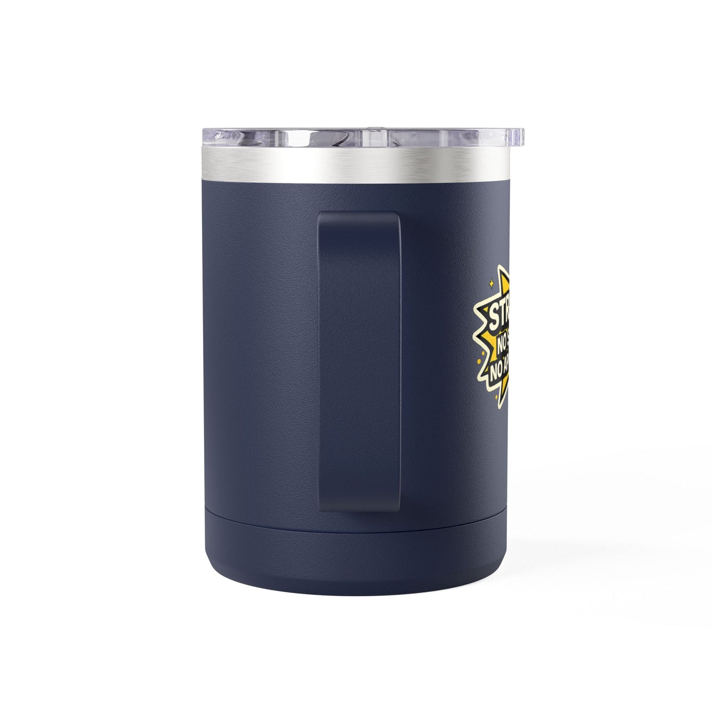 Navy blue tumbler with a logo on a white background