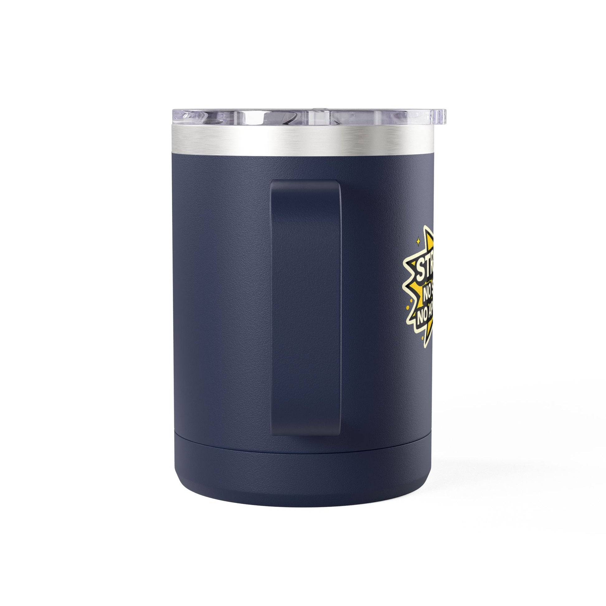 Navy blue tumbler with a logo on a white background