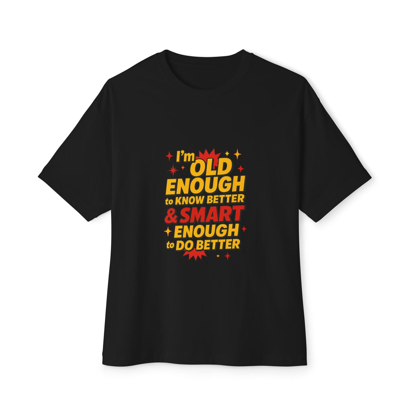 Black t-shirt with colorful text design on a white background