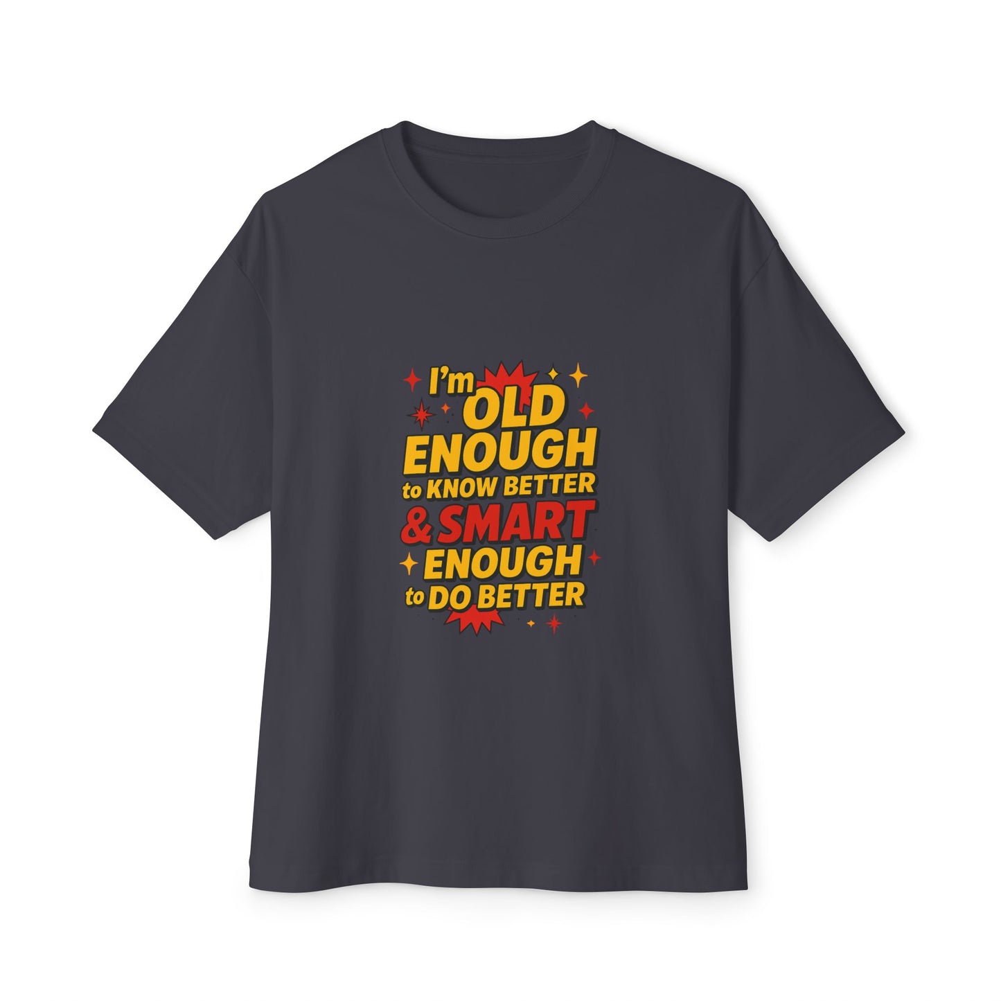 Black t-shirt with colorful text design on a white background