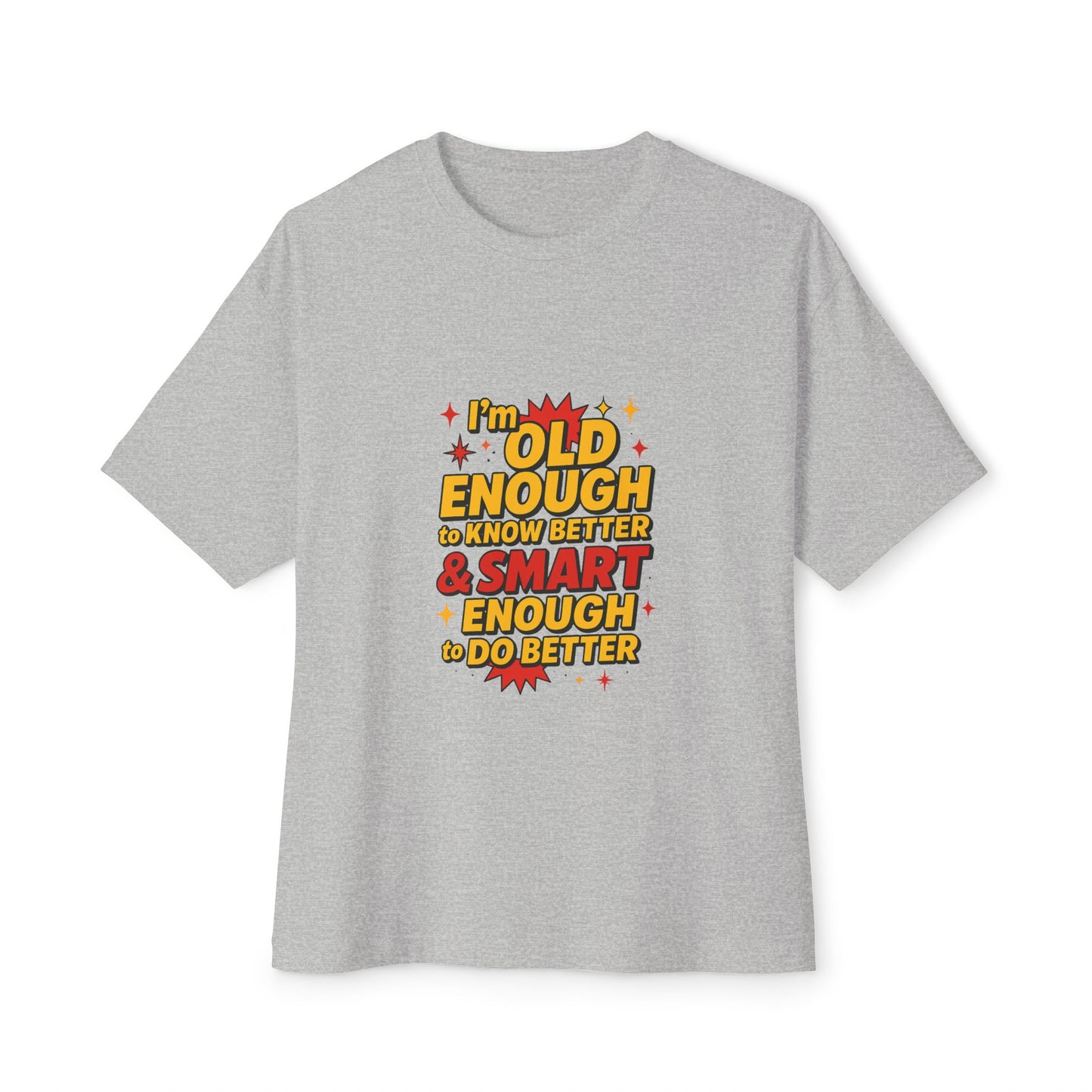 Gray t-shirt with colorful text design on a white background