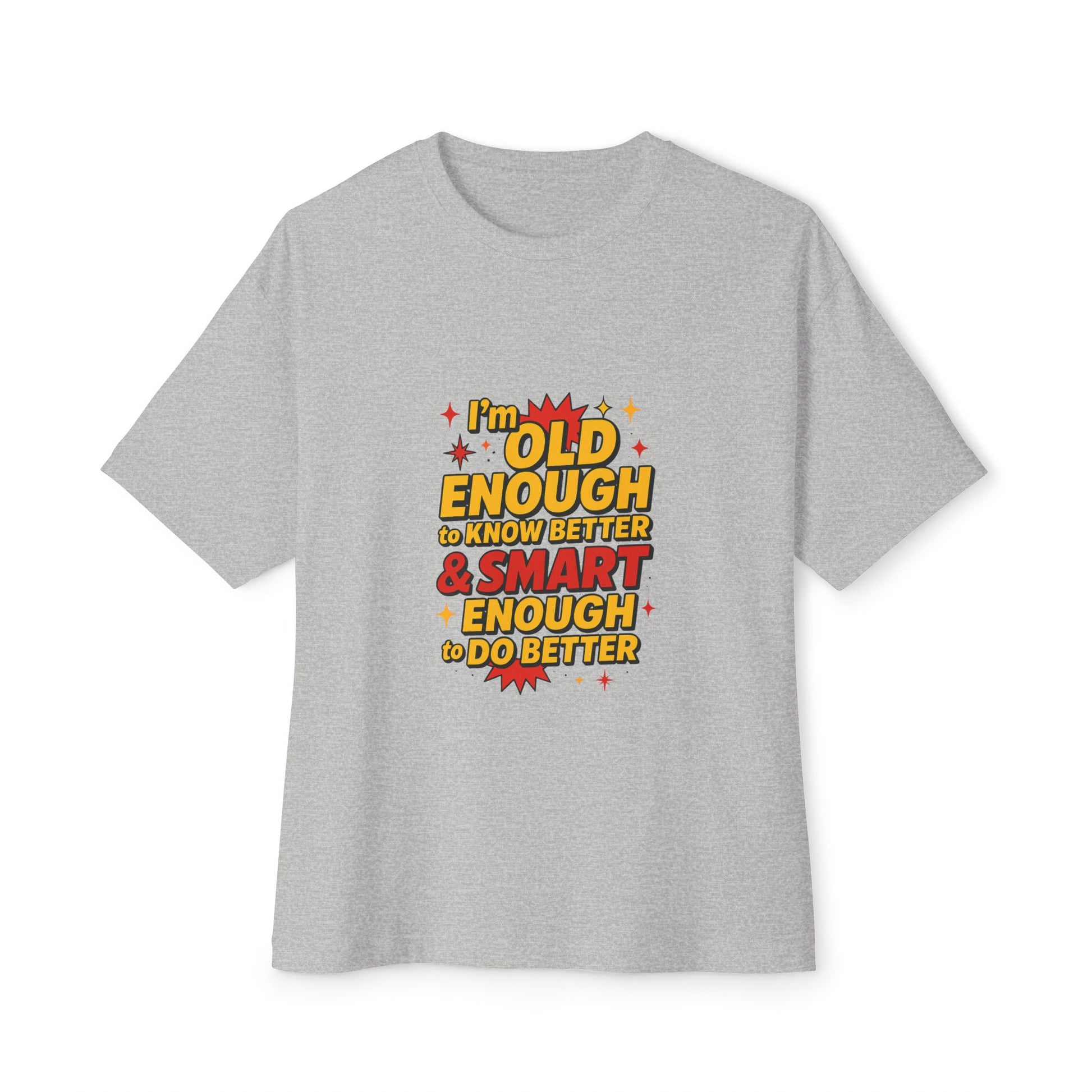Gray t-shirt with colorful text design on a white background