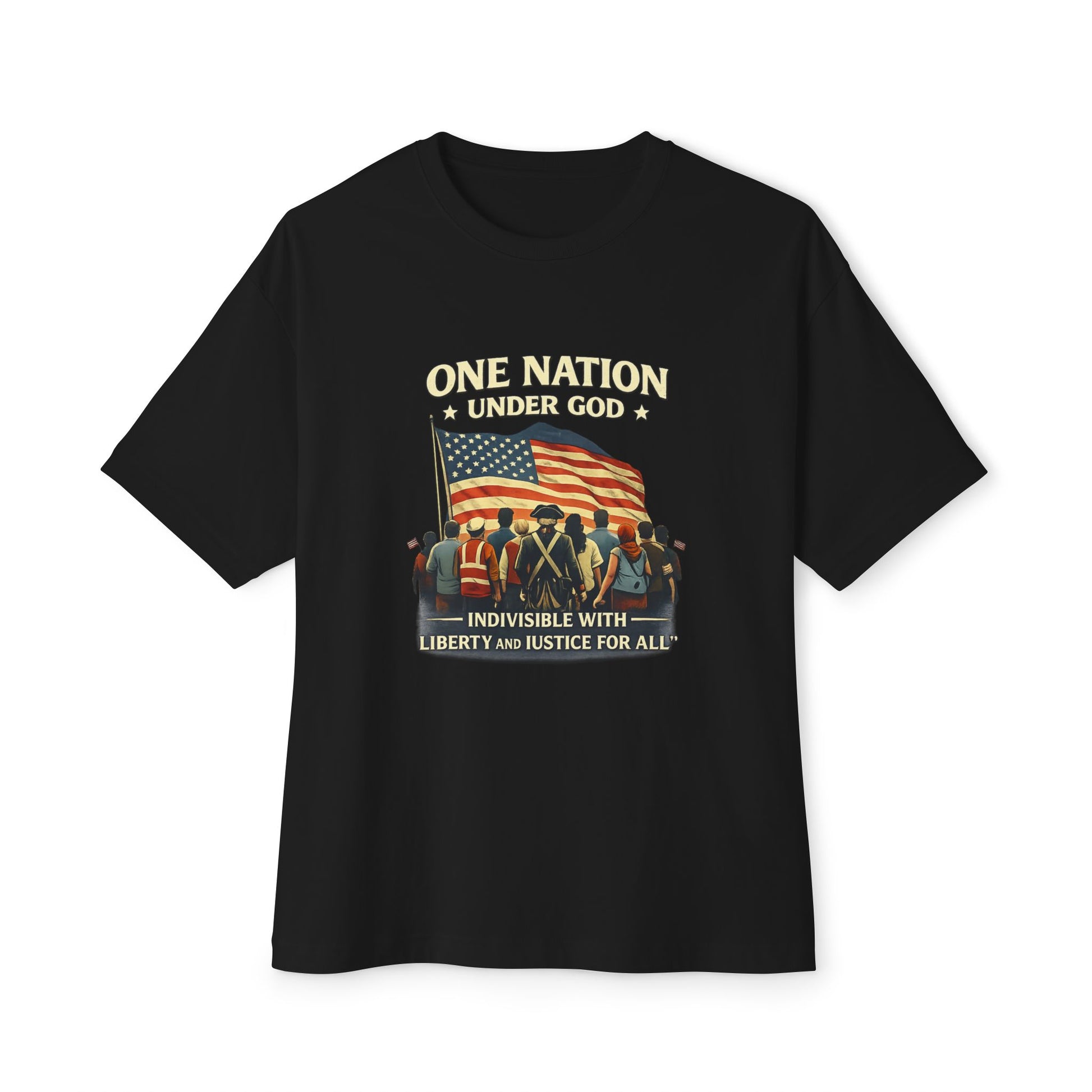 Black t-shirt with 'One Nation Under God' graphic design featuring an American flag and text.