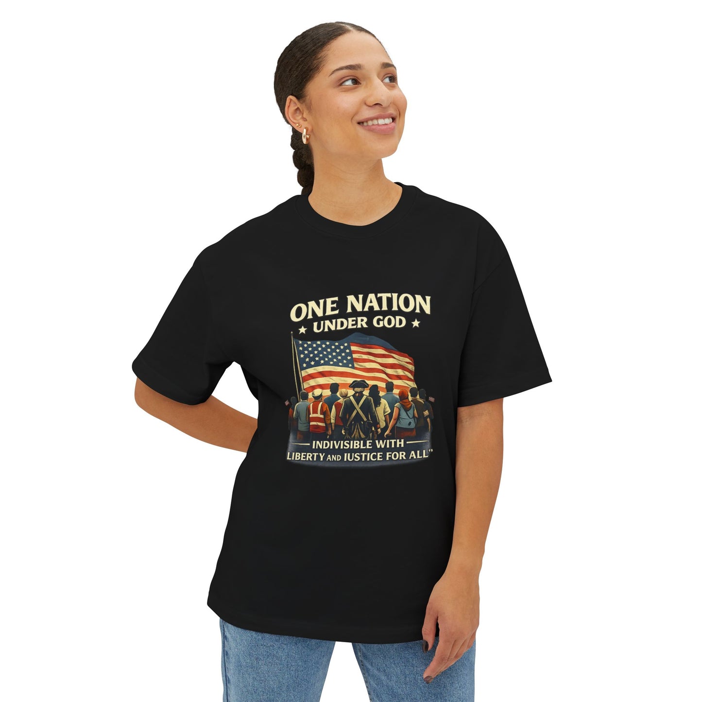 Female wearing a black t-shirt with a One Nation graphic and motivational text on a white background