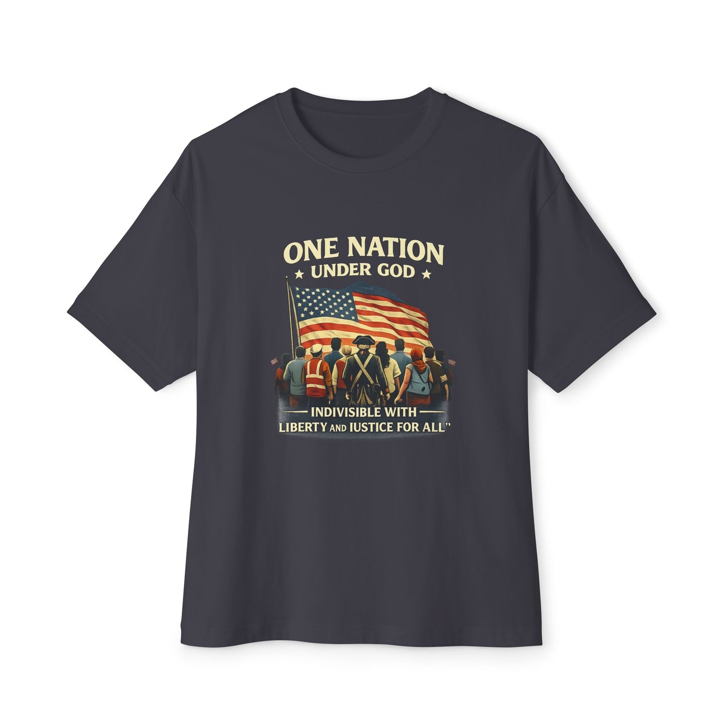GRAY t-shirt with American flag and text design on a white background