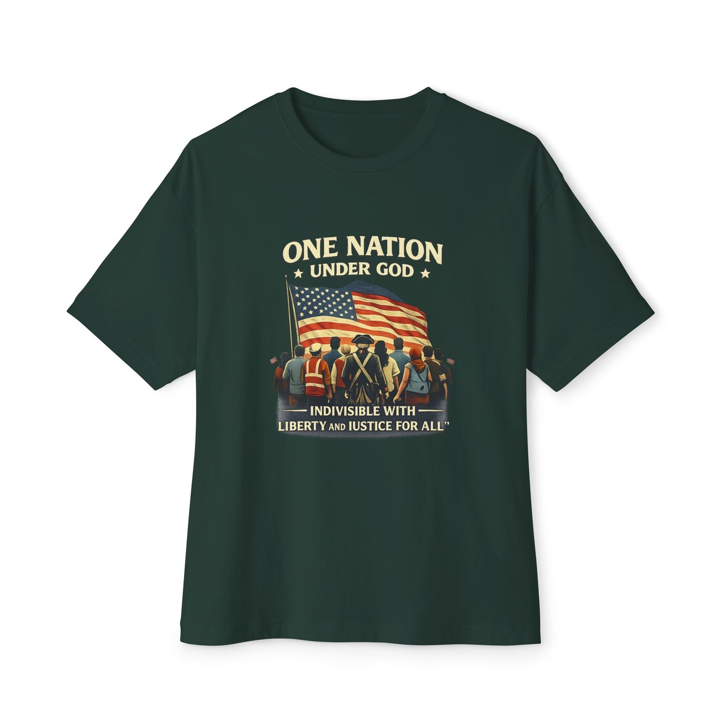 Green t-shirt with 'One Nation Under God' graphic design on a white background