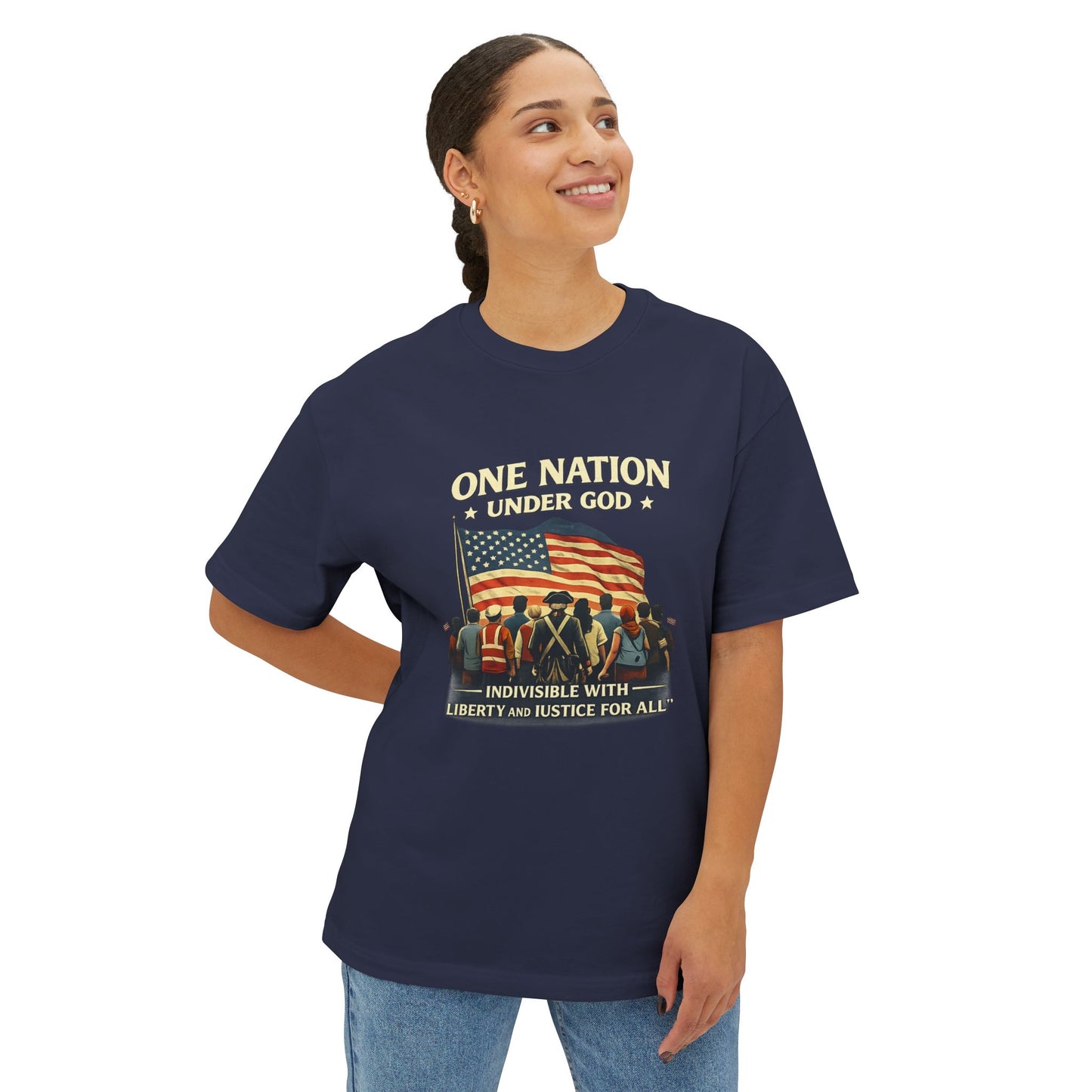 Female wearing a navy blue t-shirt with a graphic design and text on a white background