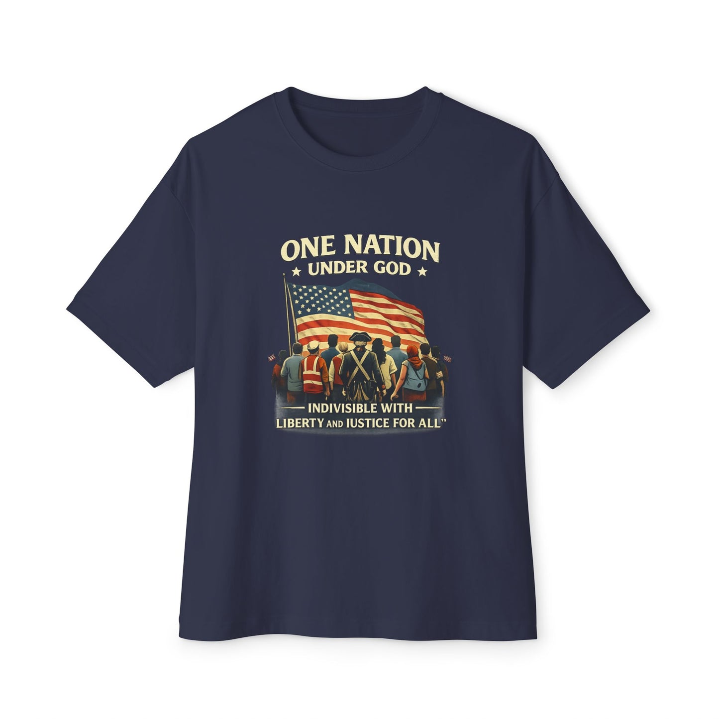 Navy blue t-shirt with American flag and text design on a white background