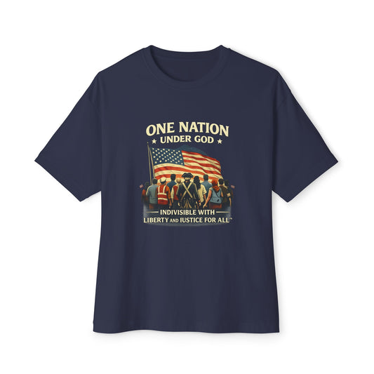 Navy blue t-shirt with American flag and text design on a white background