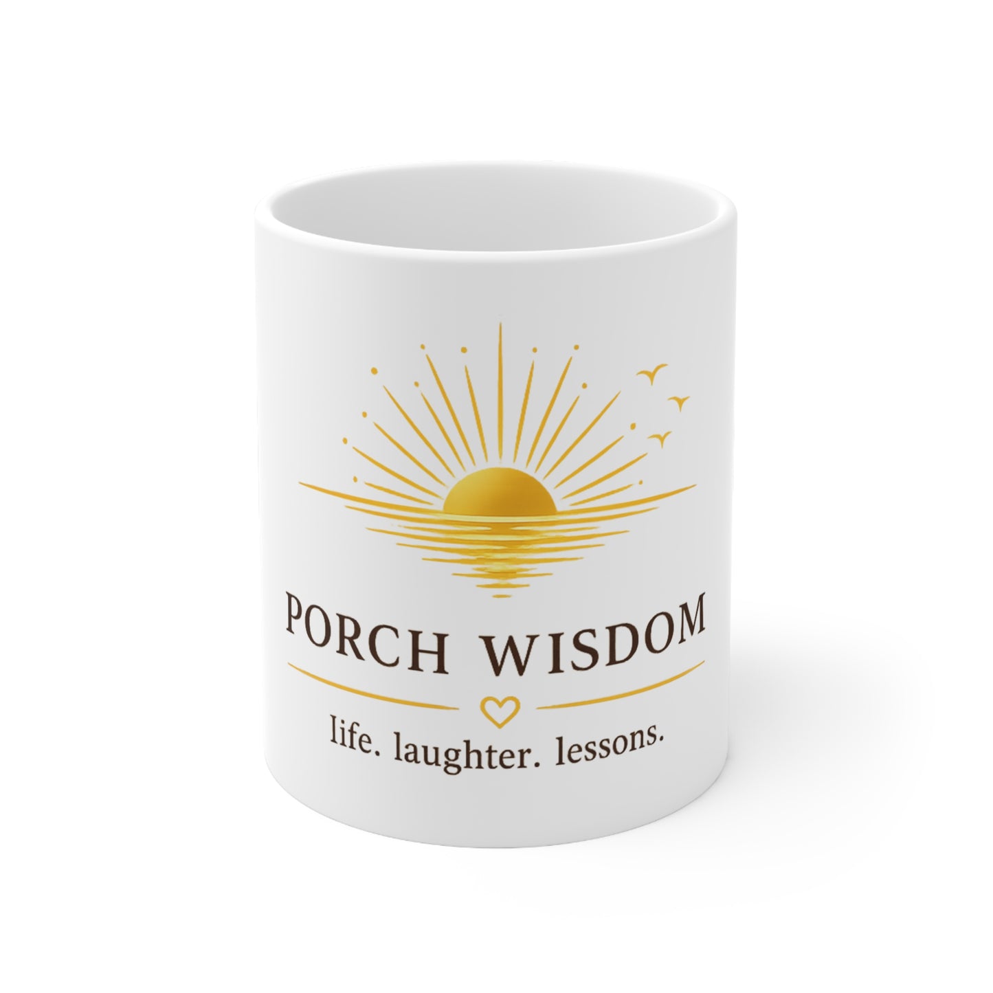 Porch Wisdom inspirational ceramic coffee mug with sunrise design