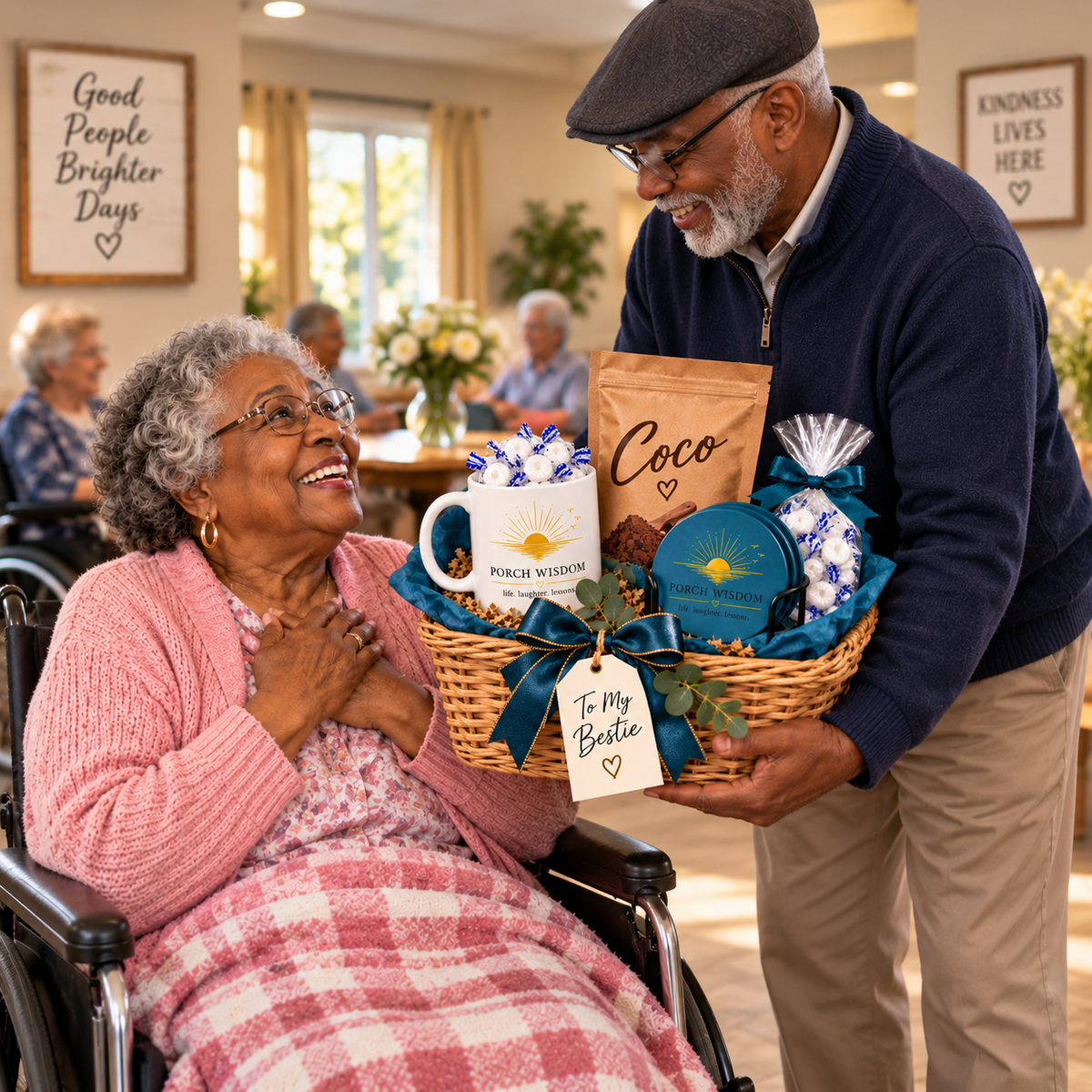 An elderly man in a navy sweater and cap presents a gourmet gift basket to an elderly woman in a pink cardigan sitting in a wheelchair. The basket contains a bag of 'Coco' coffee, a white ceramic mug with a 'Porch Wisdom' sun logo, and other treats, tied with a blue ribbon and tag reading 'To My Bestie'.