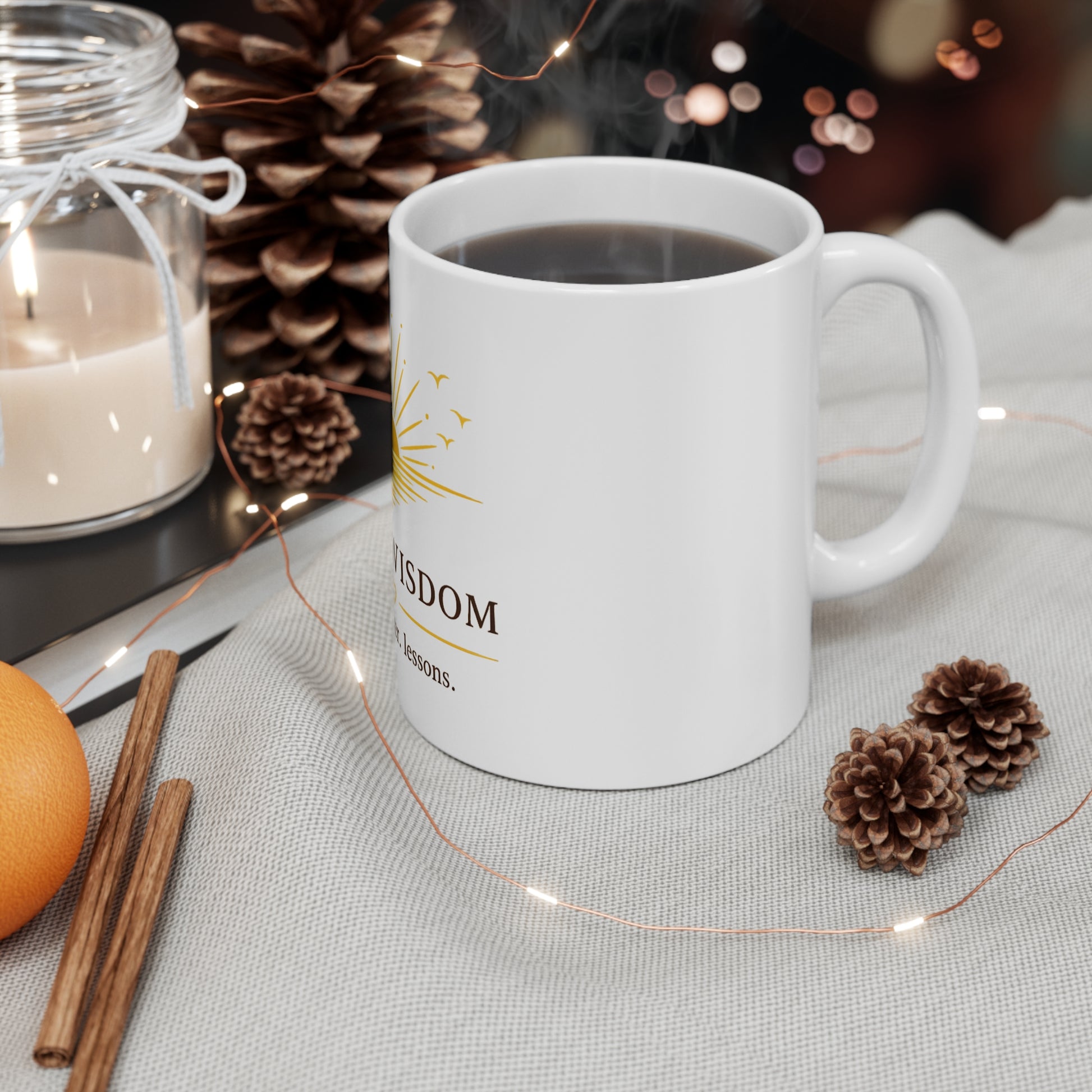 Porch Wisdom inspirational ceramic coffee mug with sunrise design