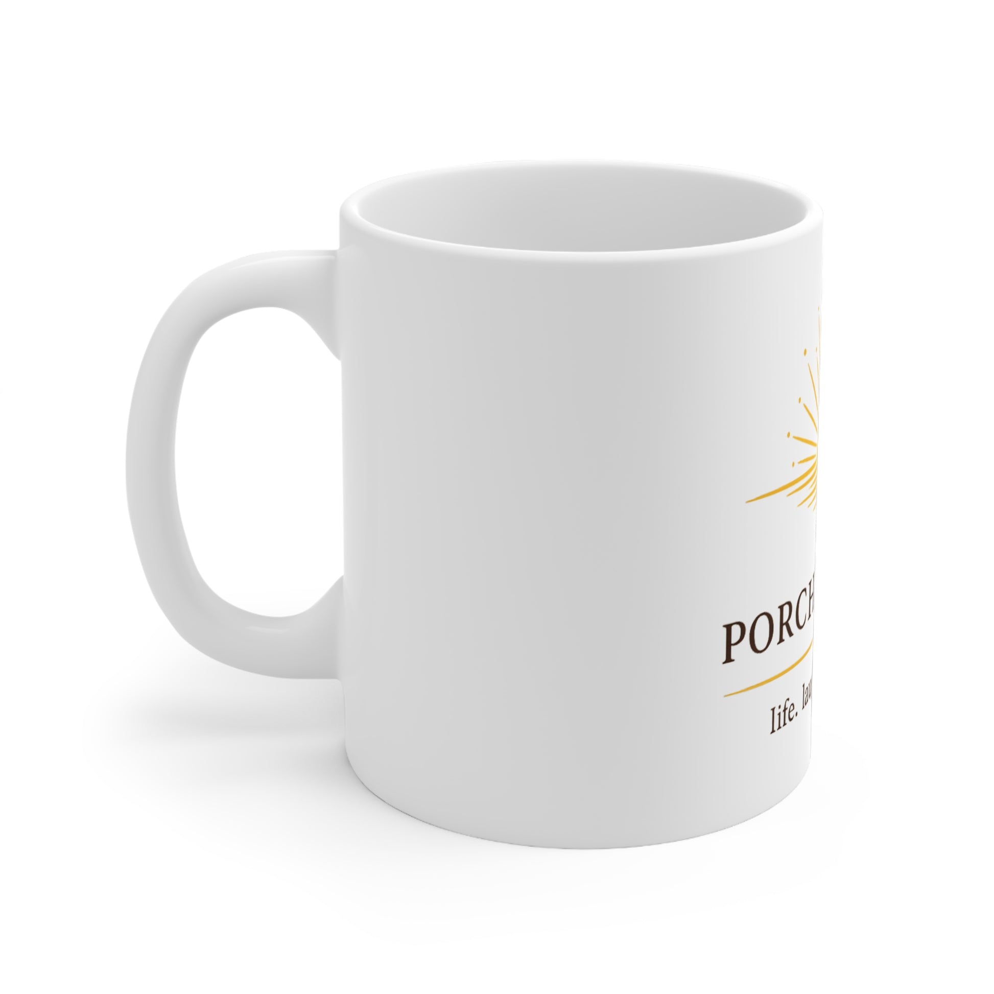 Porch Wisdom inspirational ceramic coffee mug with sunrise design