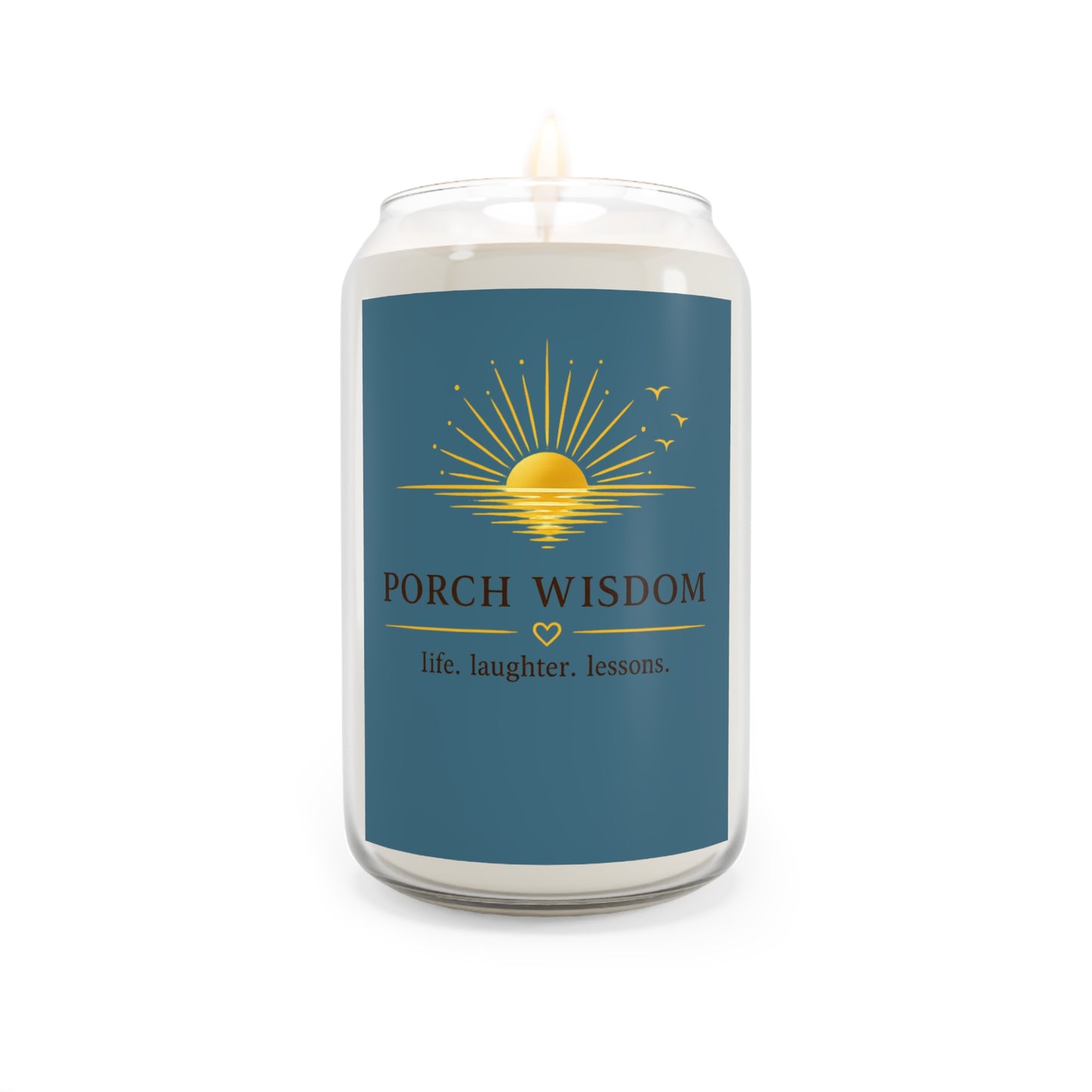 Porch Wisdom scented soy candle – front view with label