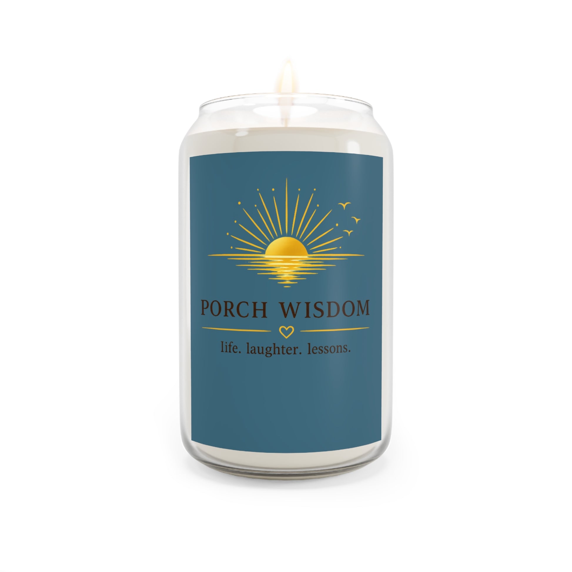 Porch Wisdom scented soy candle – front view with label