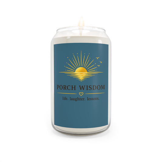 Porch Wisdom scented soy candle – front view with label