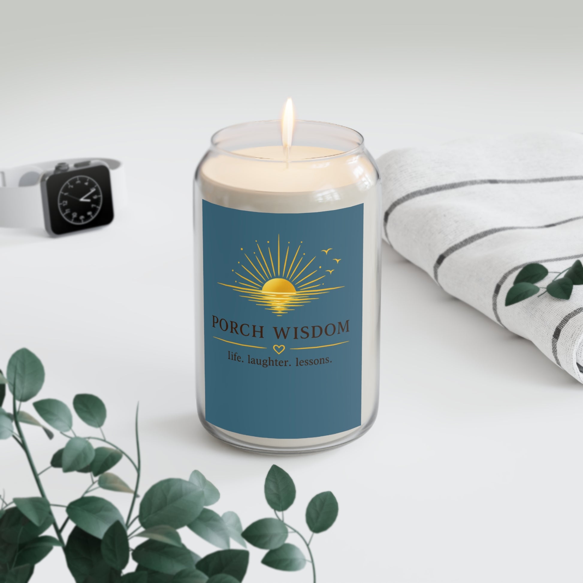Porch Wisdom scented soy candle – live view with label