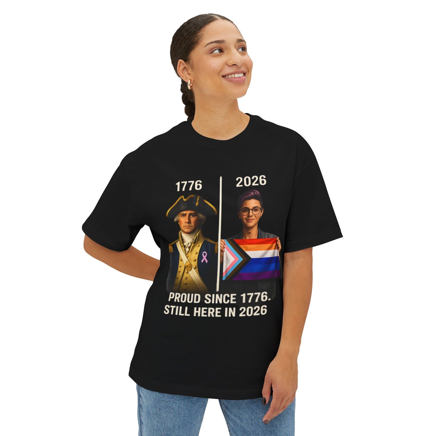 Female wearing a black t-shirt with historical and modern figures and text on a white background