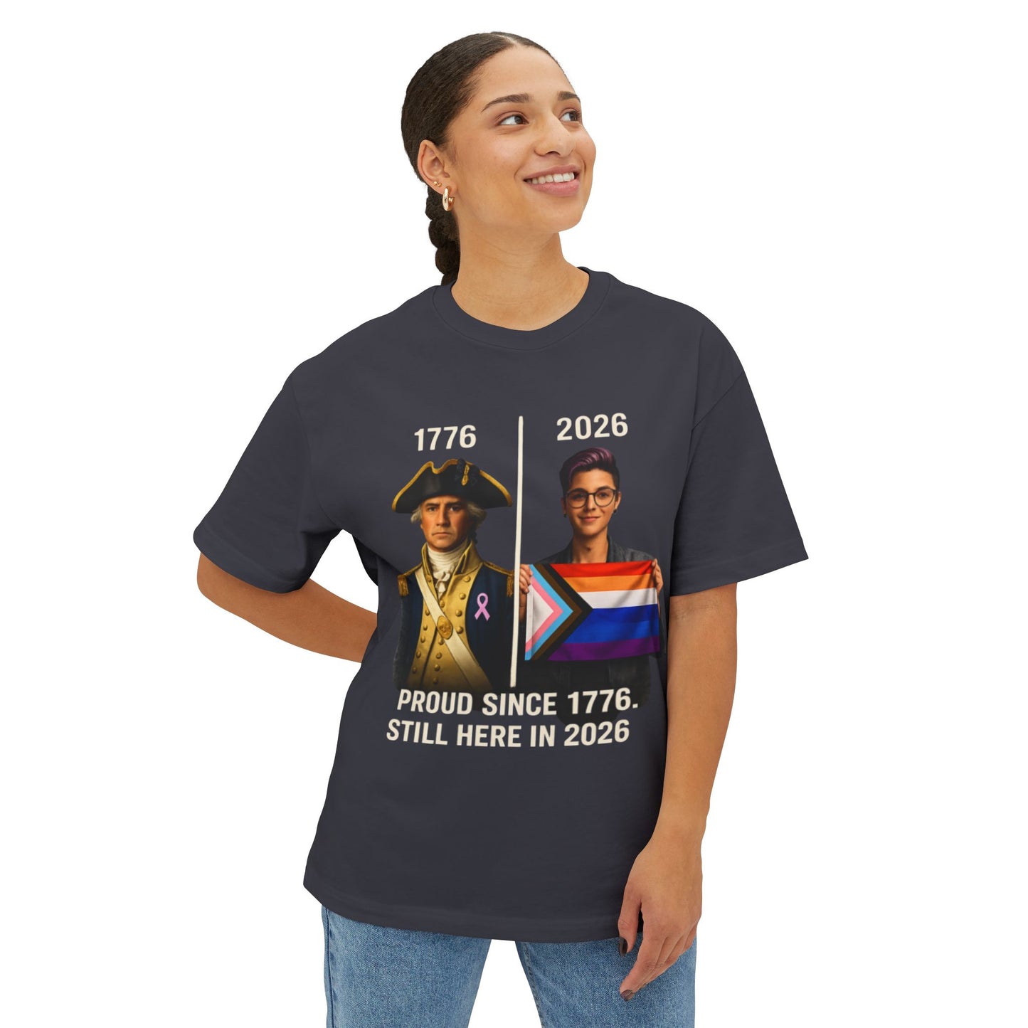 Female wearing a t-shirt with historical and modern figures and text on a white background