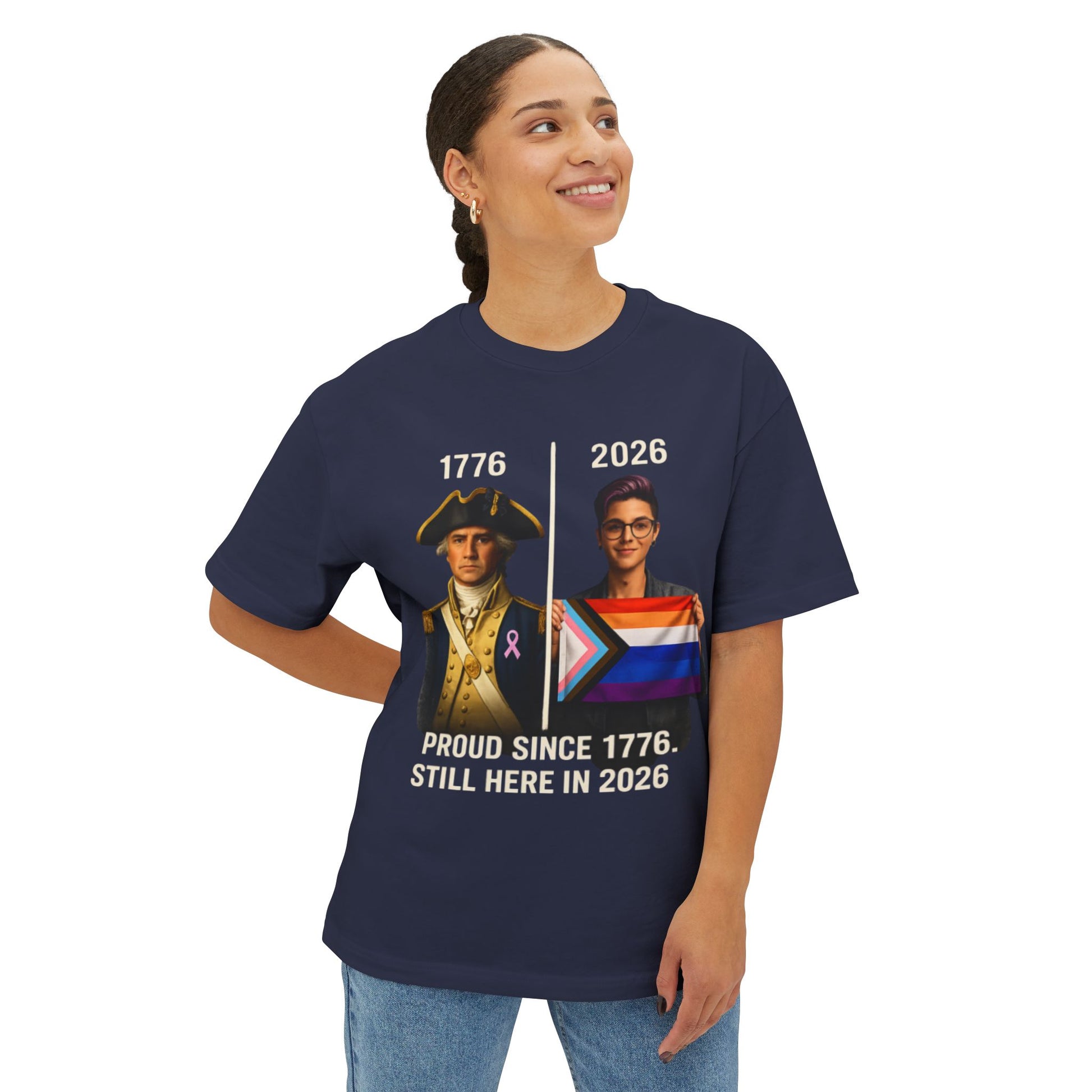 Female wearing a navy blue t-shirt with a graphic and text on a white background