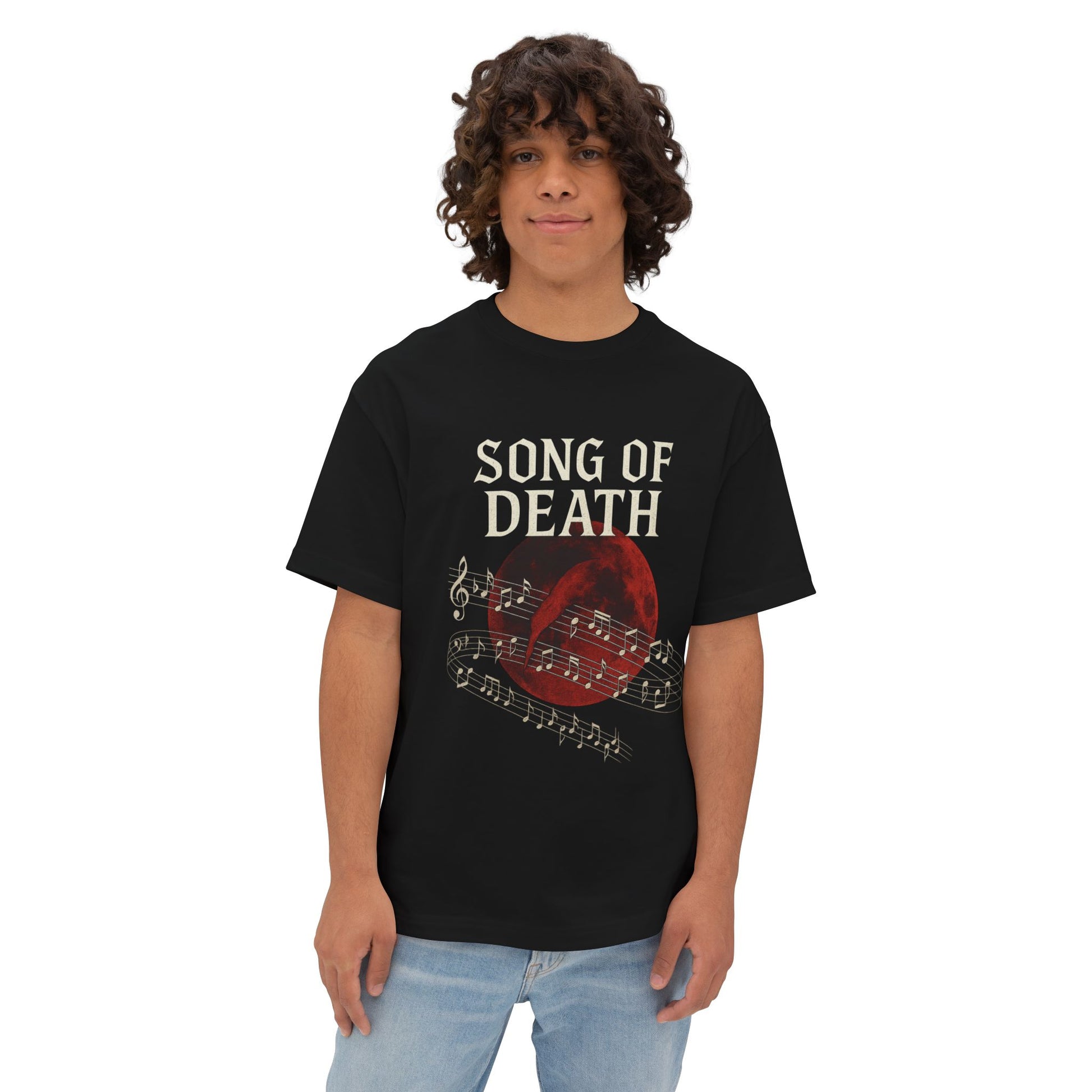 Person wearing a black t-shirt with 'Song of Death' design on a white background