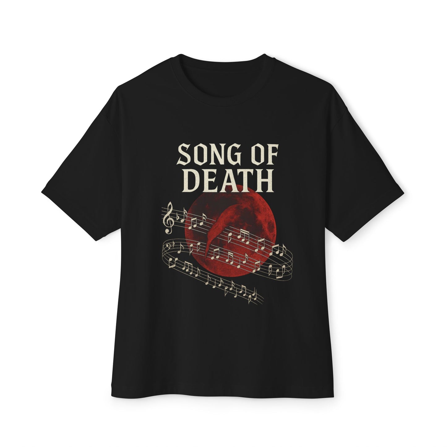 Black t-shirt with 'Song of Death' text and musical notes design on a white background