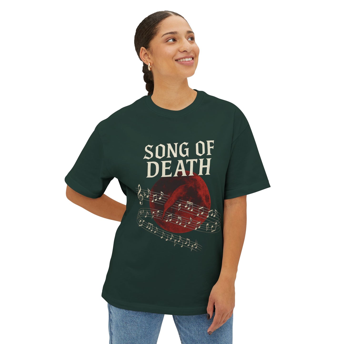 Person wearing a green t-shirt with 'Song of Death' design on a white background