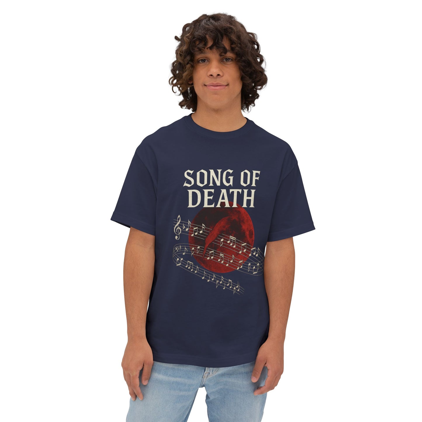 Person wearing a navy blue t-shirt with 'Song of Death' graphic design on a white background