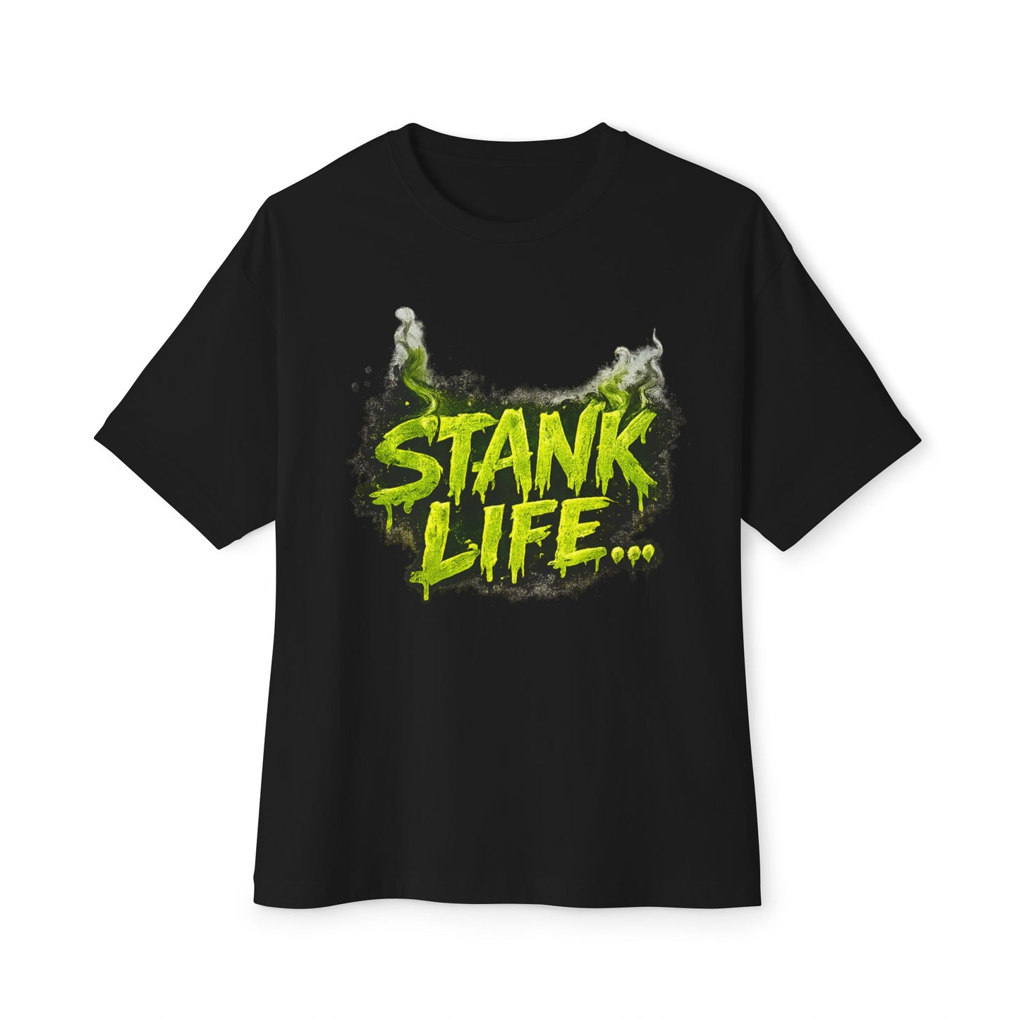  "Stank Life graphic tee in Black – neon green Boo Crew graffiti print, urban streetwear humor tee, Boo Thang Collection."