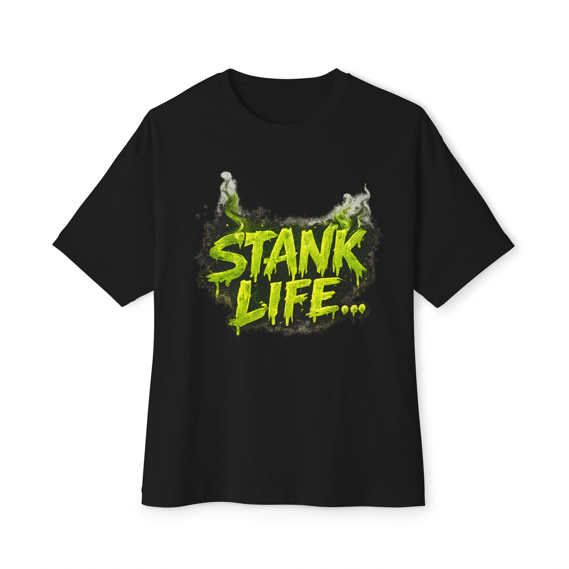  "Stank Life graphic tee in Black – neon green Boo Crew graffiti print, urban streetwear humor tee, Boo Thang Collection."