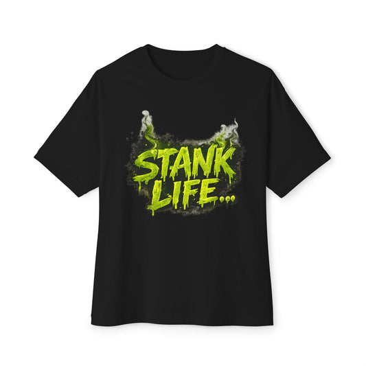  "Stank Life graphic tee in Black – neon green Boo Crew graffiti print, urban streetwear humor tee, Boo Thang Collection."