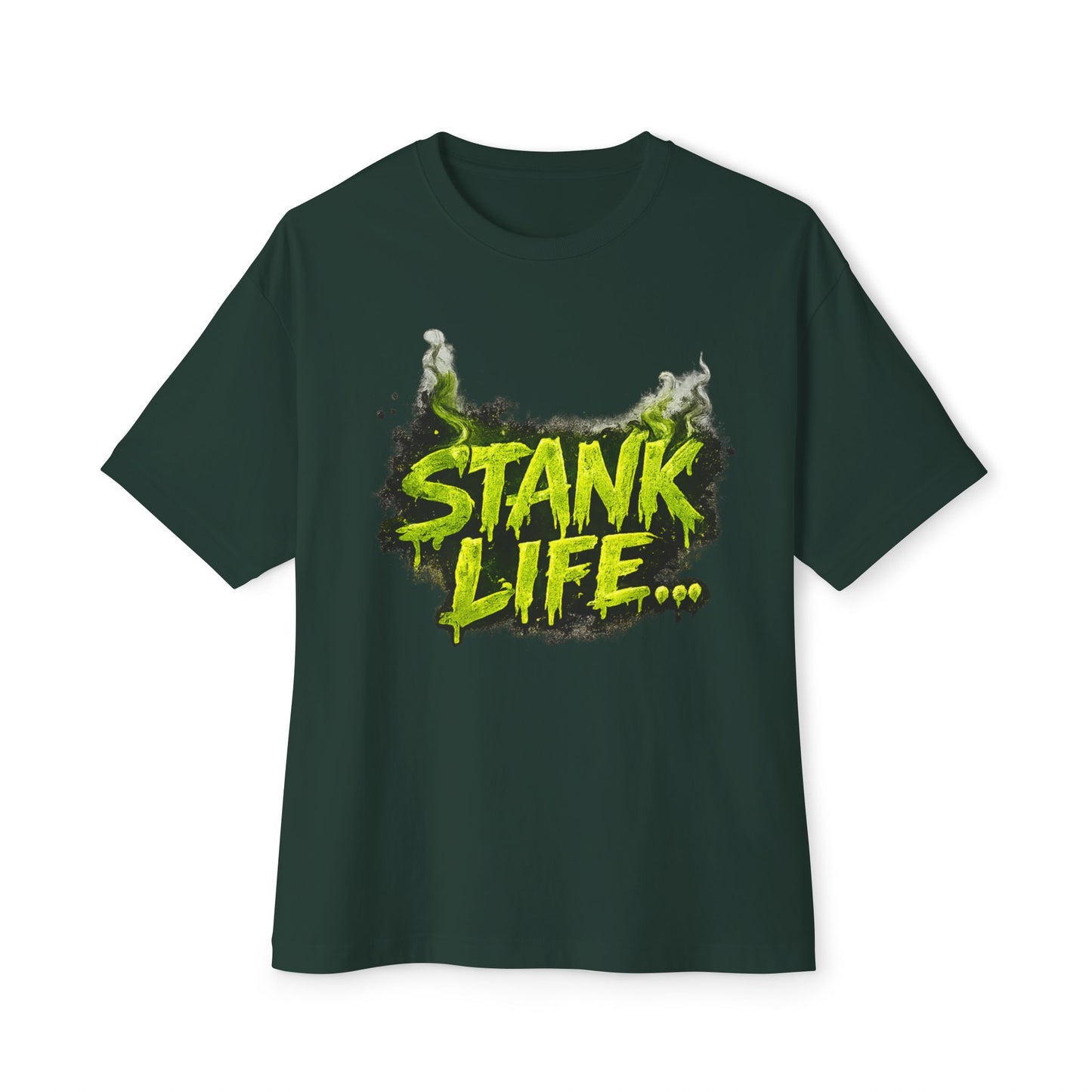 "Stank Life graphic tee in Forest – neon green Boo Crew graffiti print, urban streetwear humor tee, Boo Thang Collection."