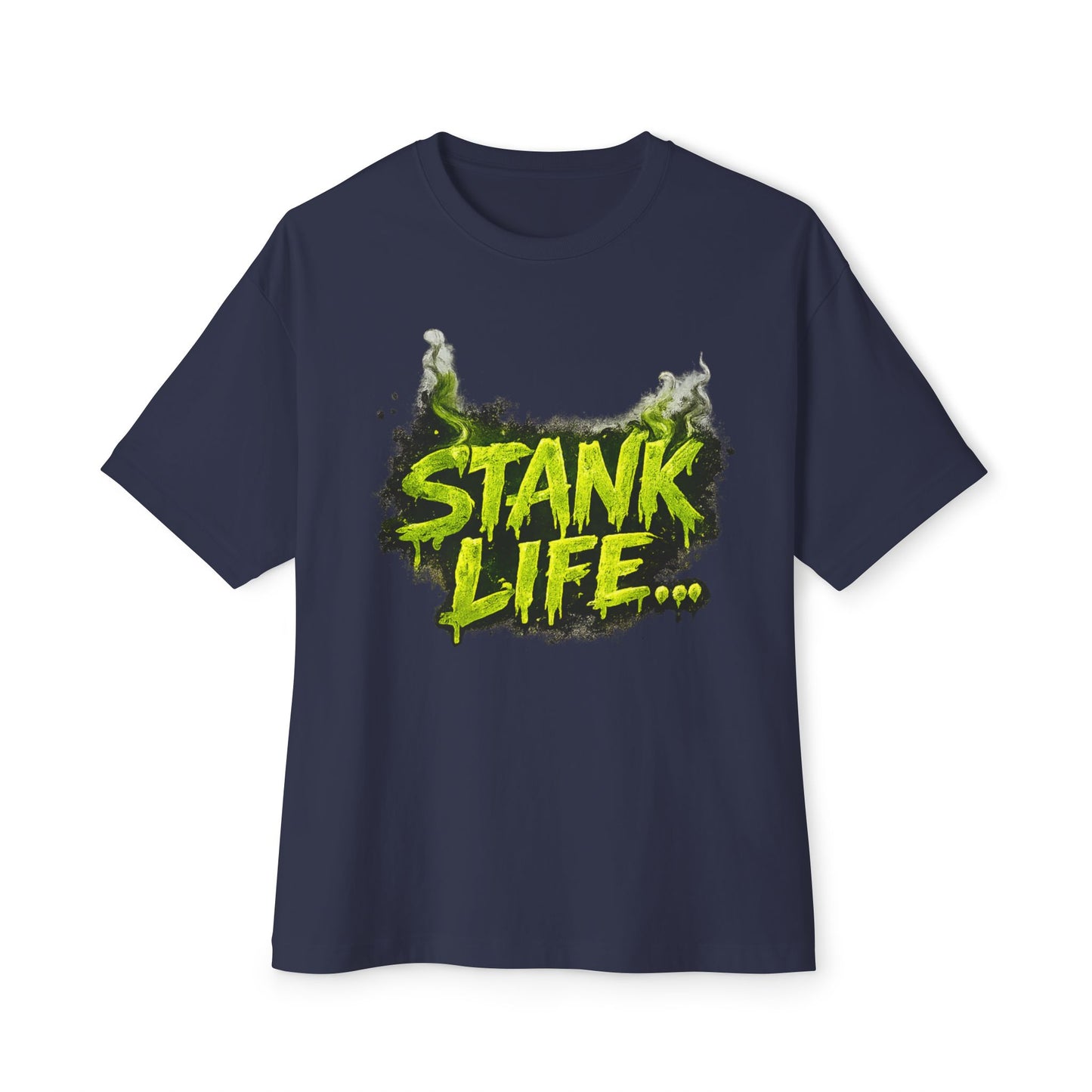 "Stank Life graphic tee in Navy – neon green Boo Crew graffiti print, urban streetwear humor tee, Boo Thang Collection."