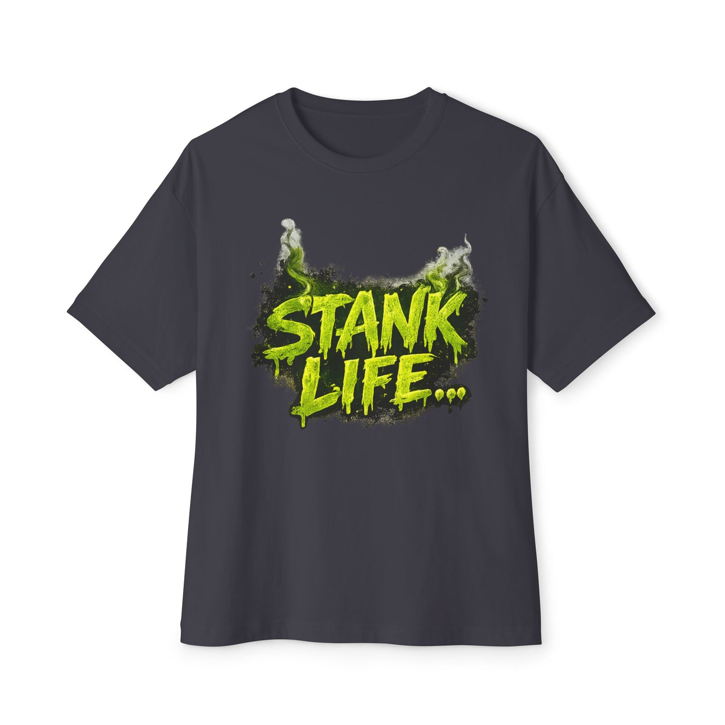  "Stank Life graphic tee in Charcoal Gray– neon green Boo Crew graffiti print, urban streetwear humor tee, Boo Thang Collection."