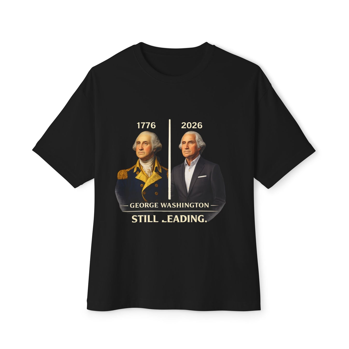 Black t-shirt with a graphic of George Washington and text on a white background