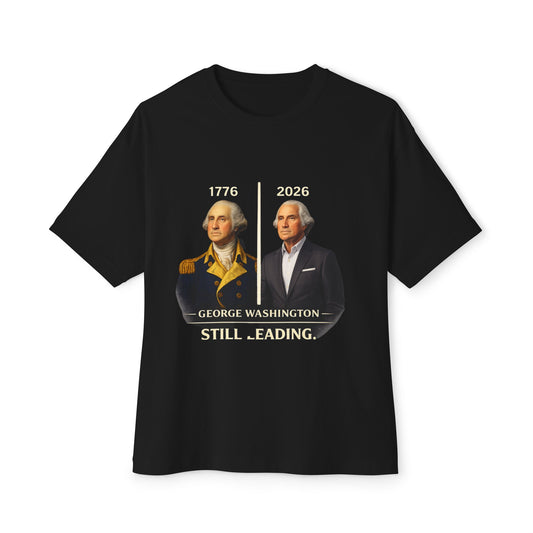 Black t-shirt with a graphic of George Washington and text on a white background