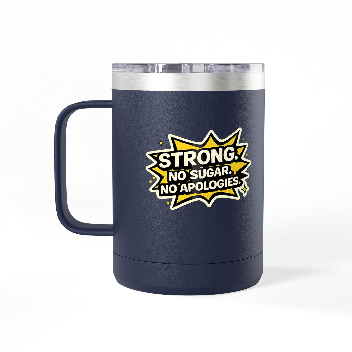 Navy blue mug with a yellow and white graphic and text on a white background