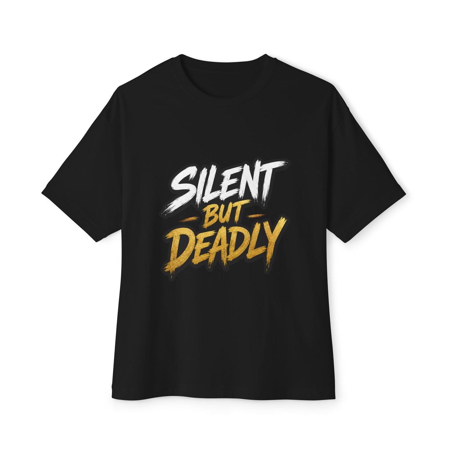 A black short-sleeve crewneck t-shirt featuring a distressed graphic print on the front that reads 'SILENT BUT DEADLY' in white and yellow/gold lettering, displayed against a solid white background.