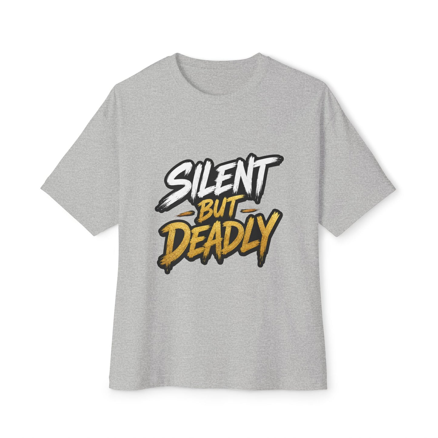 A heather gray short-sleeve t-shirt with a graphic print on the front reading 'SILENT BUT DEADLY' in stylized white and yellow lettering with black outlines, shown against a plain white background.