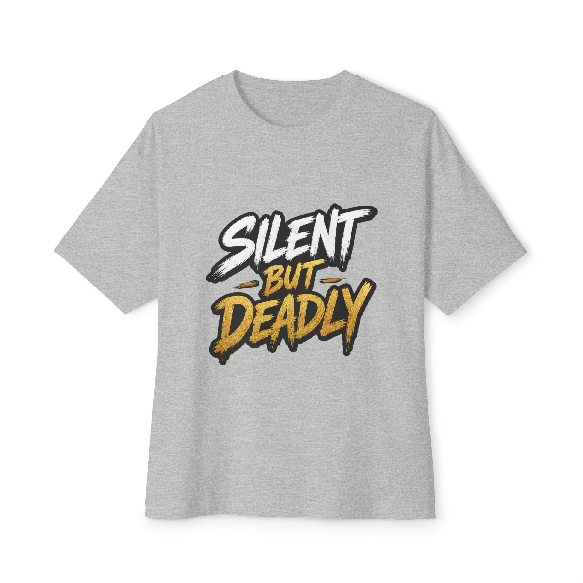 A heather gray short-sleeve t-shirt with a graphic print on the front reading 'SILENT BUT DEADLY' in stylized white and yellow lettering with black outlines, shown against a plain white background.