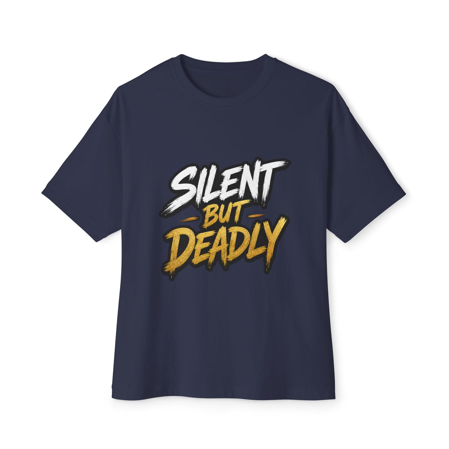 A navy blue short-sleeve t-shirt with a graphic print on the chest reading 'SILENT BUT DEADLY' in white and yellow stylized lettering, displayed against a plain white background.