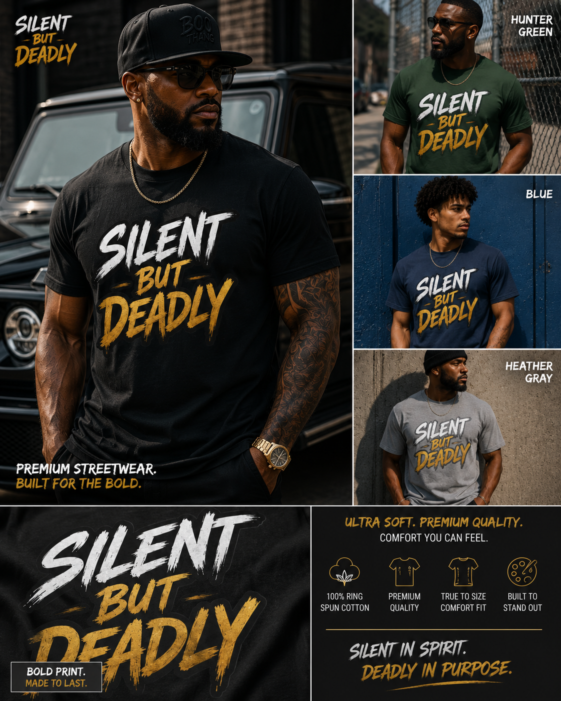 A promotional collage for a graphic T-shirt design reading 'SILENT BUT DEADLY.' The main panel shows a man wearing a black T-shirt with large white and yellow text; smaller panels on the right show the same shirt design in blue, heather gray, and hunter green, with additional marketing text and icons.