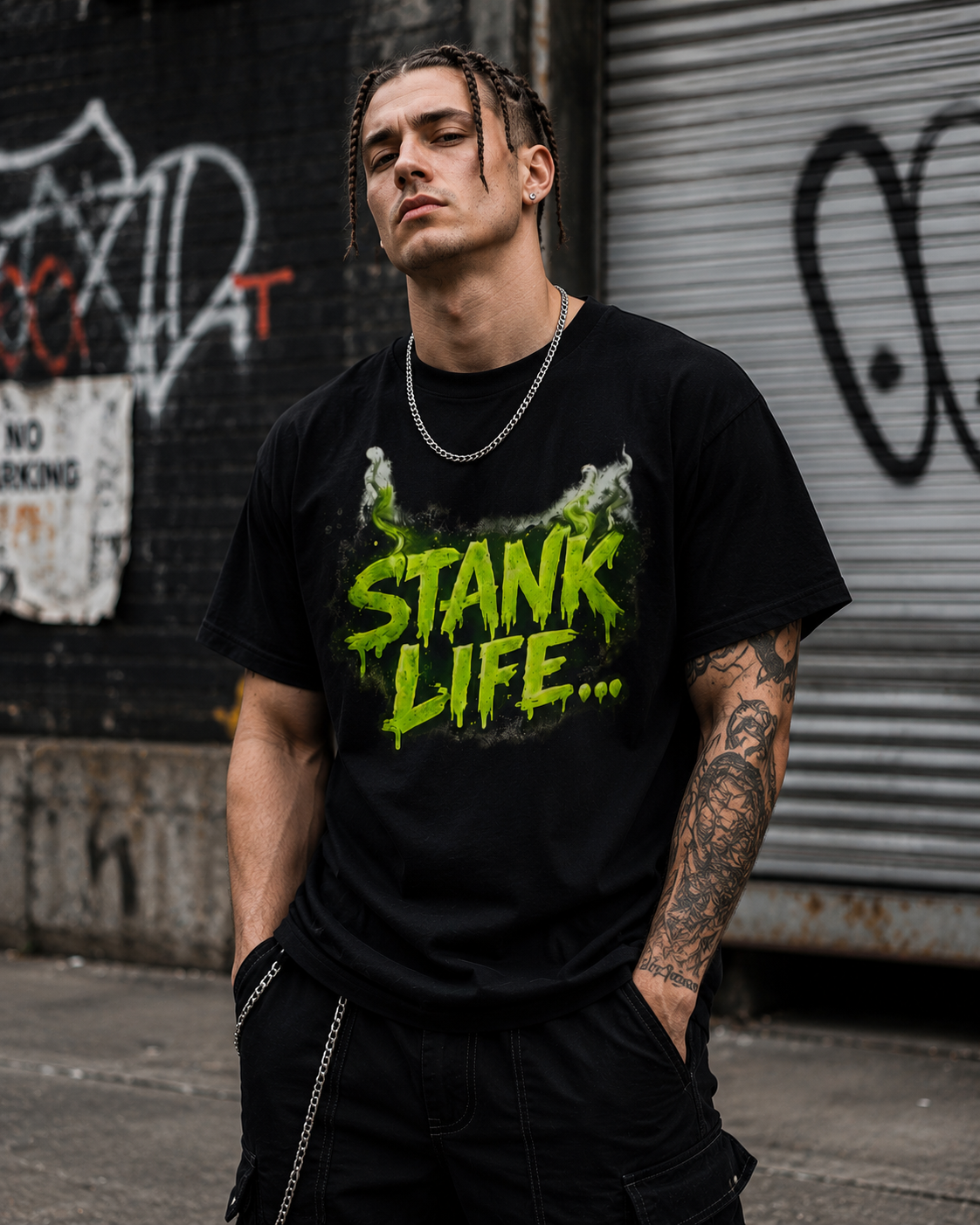 "Stank Life graphic tee in black — neon green smoke and drip graphic worn by tattooed man posed in front of metal garage door on city street"